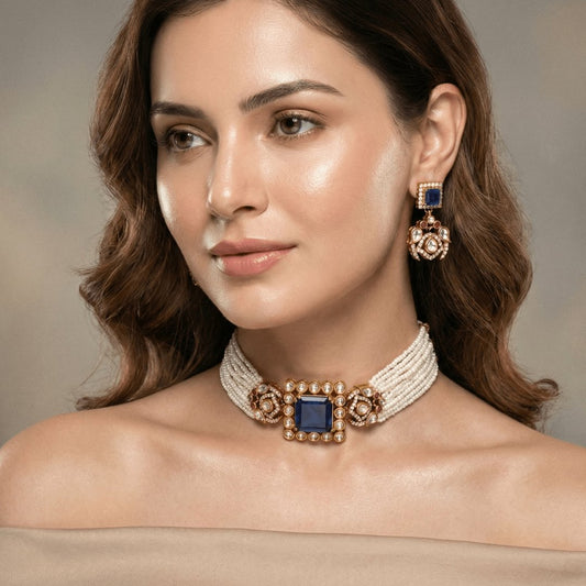 Celebrity-Inspired Navy Blue Doublet Stone Pearl Choker Set