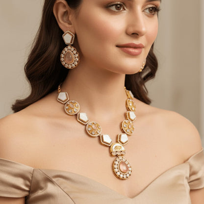 Celebrity-Inspired Pink Doublet Stone Necklace Set with Mother of Pearl detailing