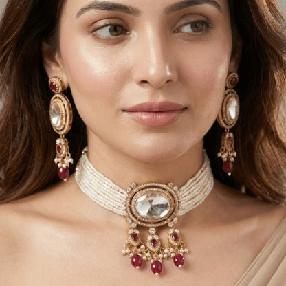 Celebrity-Inspired Ruby Pink Uncut Polki Pearl Choker Necklace Set