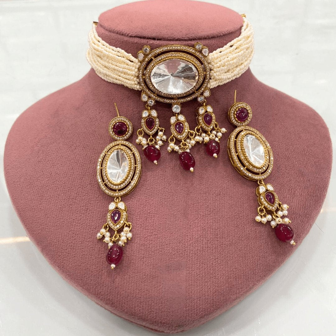 Celebrity-Inspired Ruby Pink Uncut Polki Pearl Choker Necklace Set
