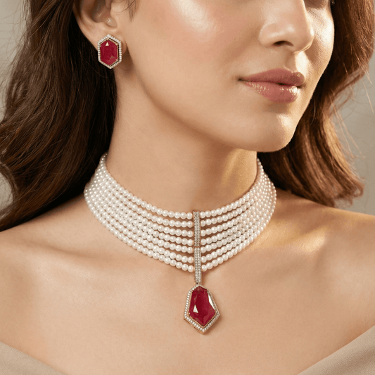 Celebrity - Inspired Ruby Red Doublet Stone Pearl Choker