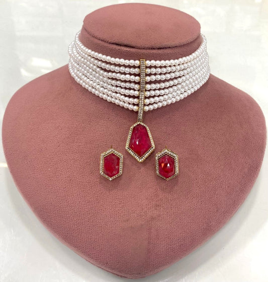 Celebrity-Inspired Ruby Red Doublet Stone Pearl Choker
