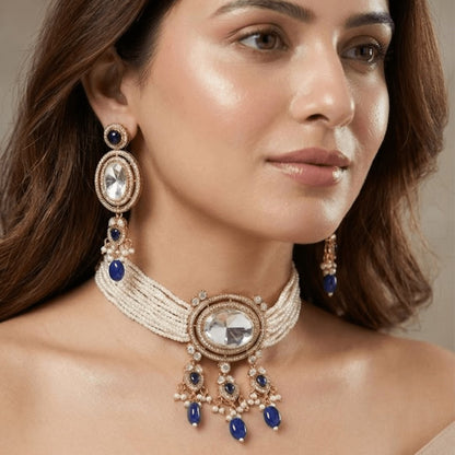Celebrity-Inspired Uncut Polki Pearl Choker Necklace Set with Blue Drops