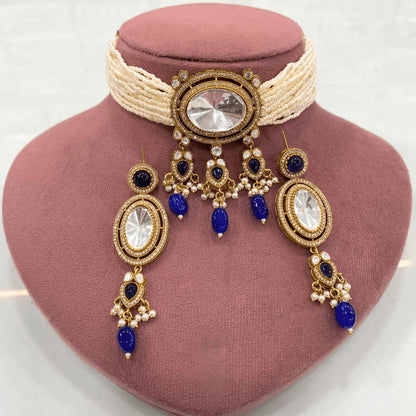 Celebrity-Inspired Uncut Polki Pearl Choker Necklace Set with Blue Drops