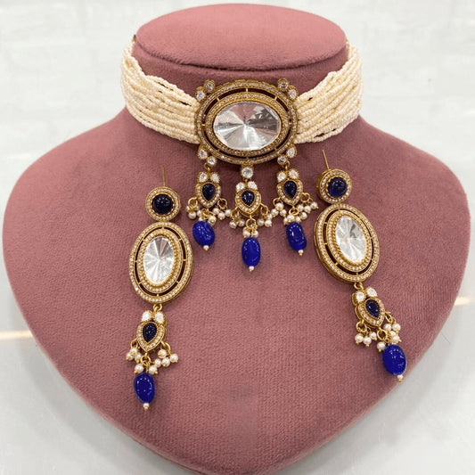 Celebrity-Inspired Uncut Polki Pearl Choker Necklace Set with Blue Drops