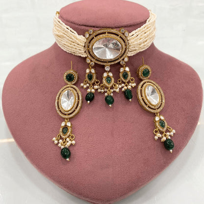 Celebrity-Inspired Uncut Polki Pearl Choker Necklace Set with Green Drops