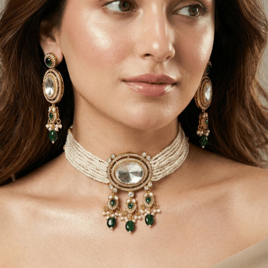 Celebrity-Inspired Uncut Polki Pearl Choker Necklace Set with Green Drops