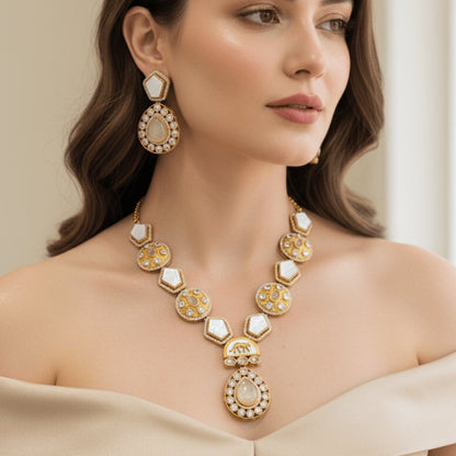 Celebrity-Inspired White & Champagne Doublet Stone Necklace Set with Mother of Pearl detailing