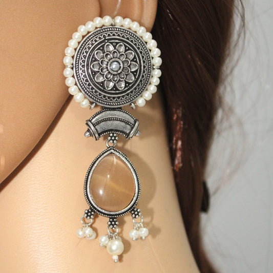 CHAKRA CHANDBALI JHUMKA WITH TEAR DROP STONE - LIGHT BROWN