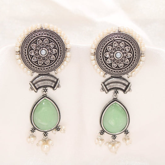 CHAKRA CHANDBALI JHUMKA WITH TEAR DROP STONE-LIGHT GREEN