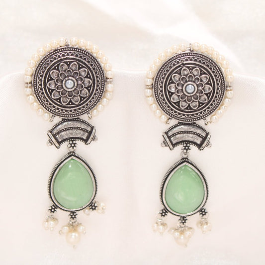 CHAKRA CHANDBALI JHUMKA WITH TEAR DROP STONE - LIGHT GREEN