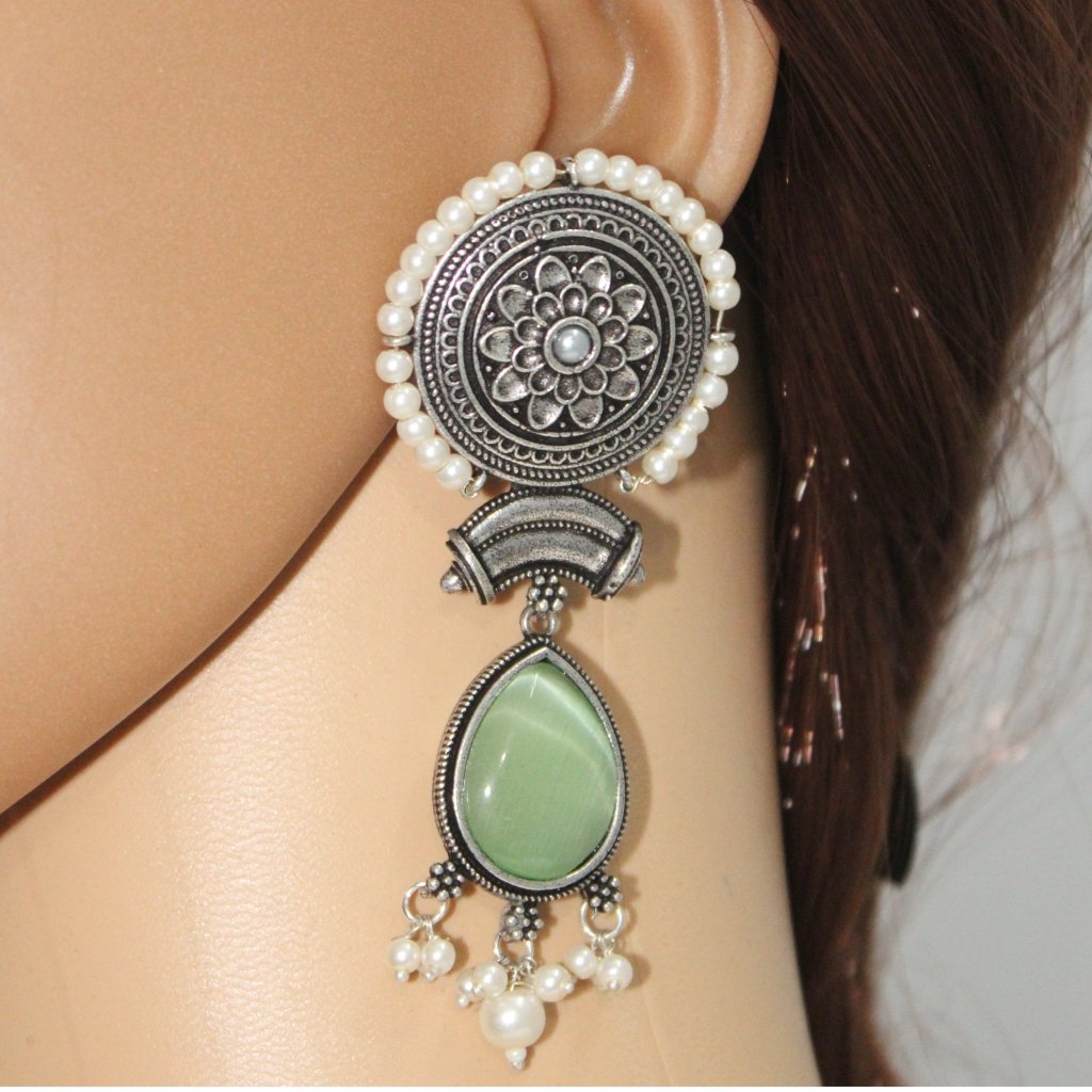 CHAKRA CHANDBALI JHUMKA WITH TEAR DROP STONE - LIGHT GREEN