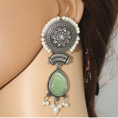 CHAKRA CHANDBALI JHUMKA WITH TEAR DROP STONE - LIGHT GREEN