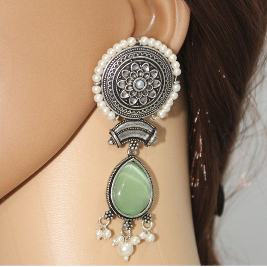 CHAKRA CHANDBALI JHUMKA WITH TEAR DROP STONE - LIGHT GREEN