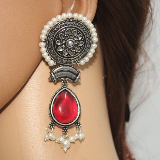 CHAKRA CHANDBALI JHUMKA WITH TEAR DROP STONE-RED