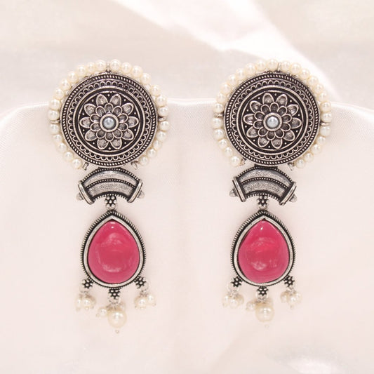 CHAKRA CHANDBALI JHUMKA WITH TEAR DROP STONE-RED