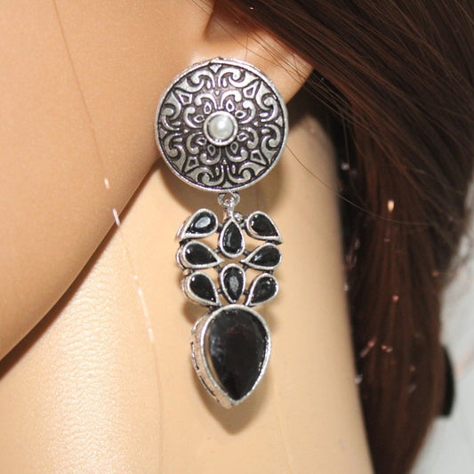 CHAKRA JHUMKA WITH TEAR DROPS STONE-BLACK