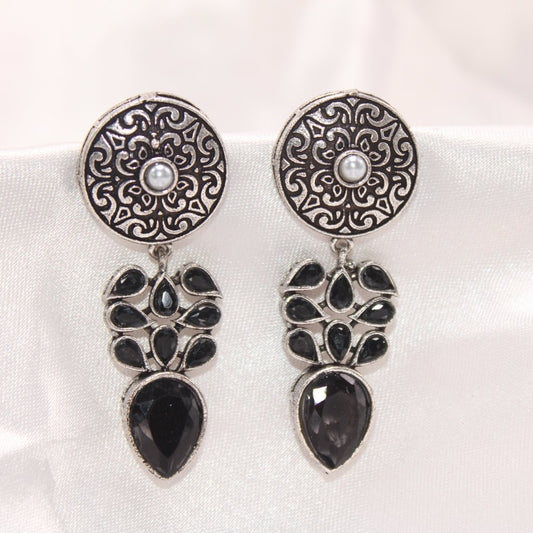 CHAKRA JHUMKA WITH TEAR DROPS STONE-BLACK