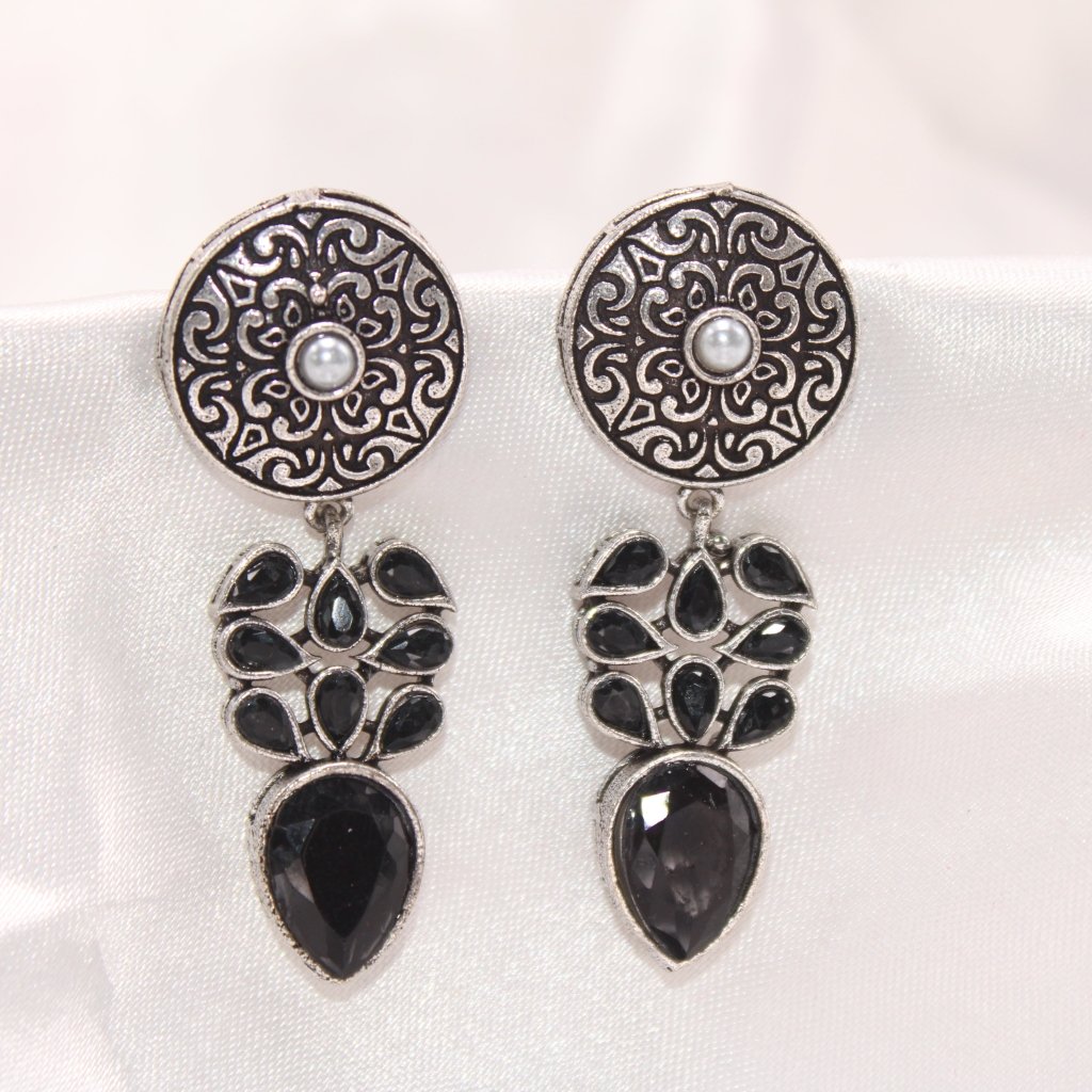 CHAKRA JHUMKA WITH TEAR DROPS STONE - BLACK