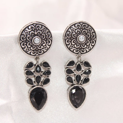 CHAKRA JHUMKA WITH TEAR DROPS STONE - BLACK