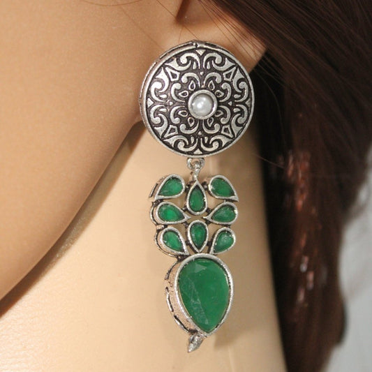 CHAKRA JHUMKA WITH TEAR DROPS STONE-GREEN