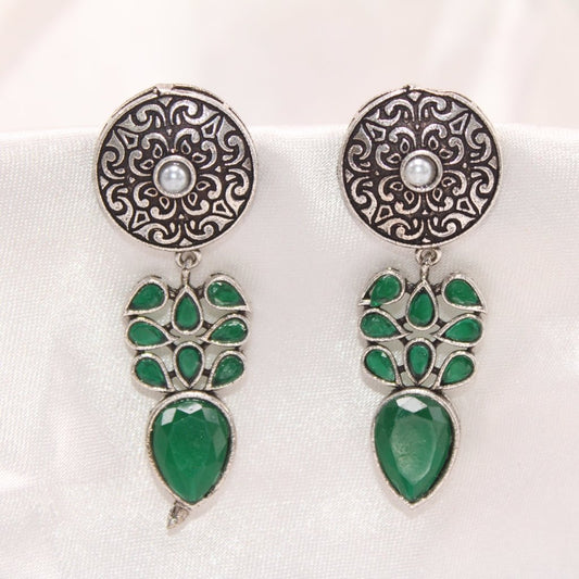 CHAKRA JHUMKA WITH TEAR DROPS STONE-GREEN