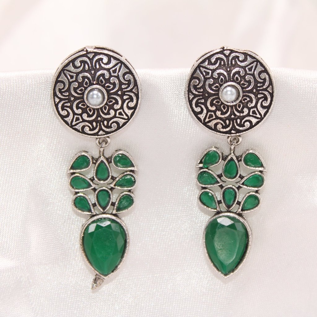 CHAKRA JHUMKA WITH TEAR DROPS STONE - GREEN
