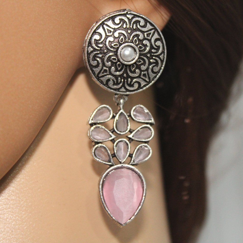 CHAKRA JHUMKA WITH TEAR DROPS STONE-PINK
