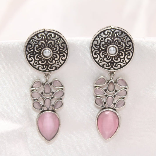 CHAKRA JHUMKA WITH TEAR DROPS STONE - PINK
