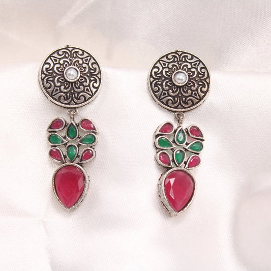 CHAKRA JHUMKA WITH TEAR DROPS STONE - RED & GREEN