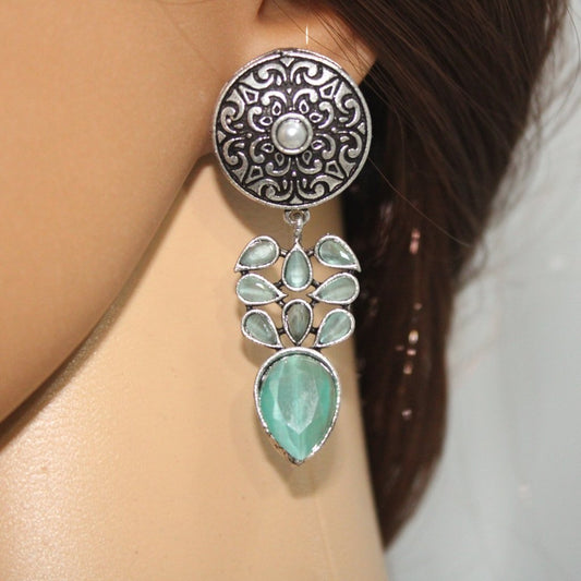 CHAKRA JHUMKA WITH TEAR DROPS STONE-TURQUOISE