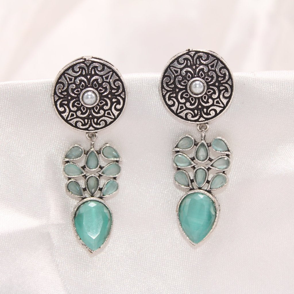 CHAKRA JHUMKA WITH TEAR DROPS STONE-TURQUOISE
