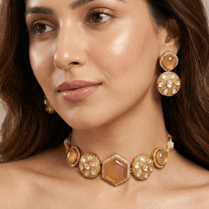 Champagne Gold Kundan Choker Necklace Set – Handcrafted Gold-Plated Bridal Jewellery