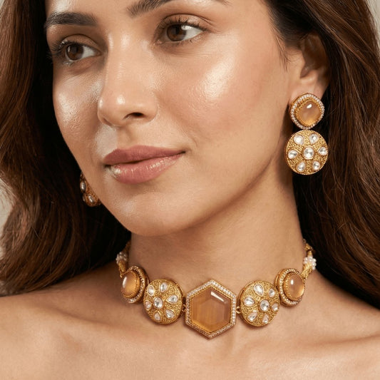 Champagne Gold Kundan Choker Necklace Set – Handcrafted Gold-Plated Bridal Jewellery