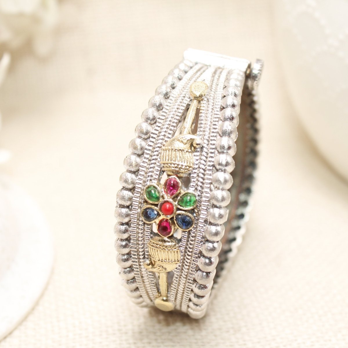 CHANDINI SILVER REPLICA DUAL-TONE STONE FLOWER KADA