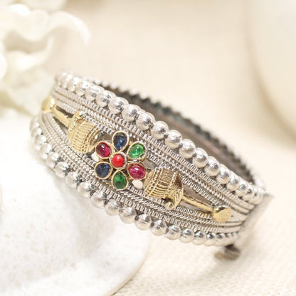 CHANDINI SILVER REPLICA DUAL-TONE STONE FLOWER KADA