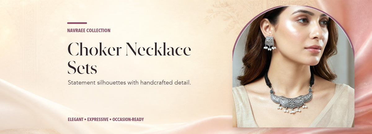 Choker Necklace Sets collection header banner featuring Antique Oxidized Silver Floral Choker Necklace Set With Pearl Drops