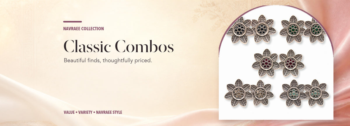 Classic Combos collection header banner featuring Navraee 7 Leaves Flower Stud Rainbow Combo — Set Of 5 Colours @ ₹999