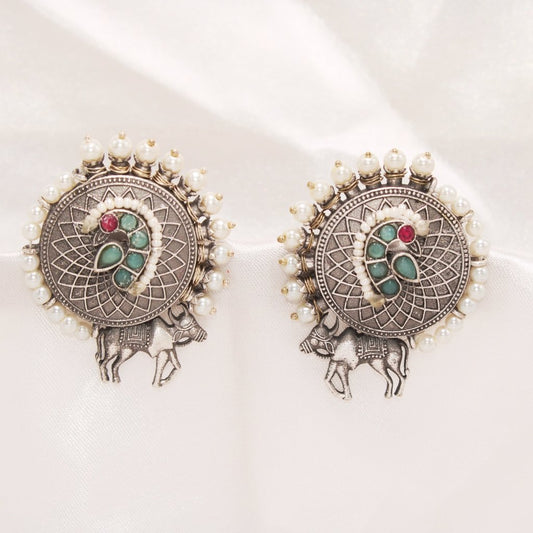 COW PATTERN BIG ROUND STUD WITH PEARLS - SKY BLUE