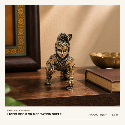 Crawling Bal Krishna Brass Idol shown at its 3.5-inch height on a living-room or meditation shelf