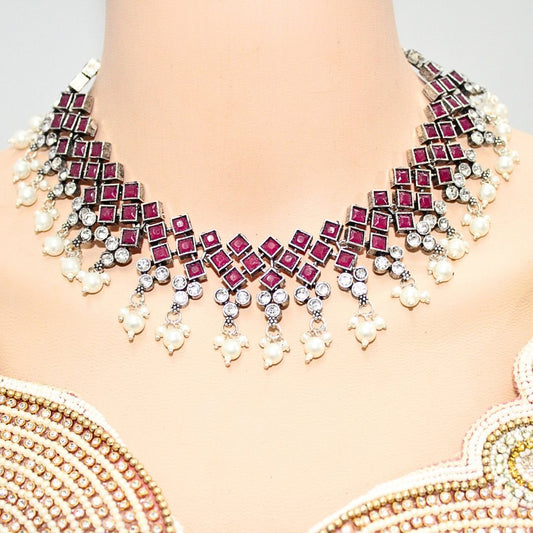 CRYSTAL NECKLACE SET-MAGENTA
