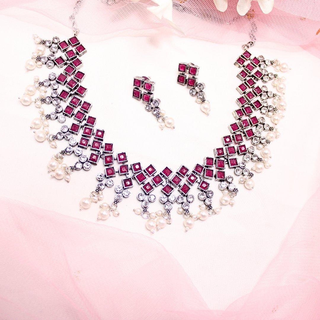 CRYSTAL NECKLACE SET-MAGENTA
