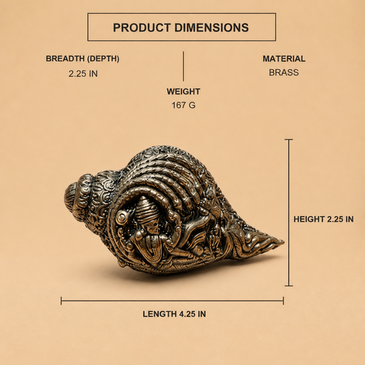 Decorative Brass Conch with Devotional Motifs — product dimensions