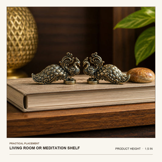 Decorative Brass Peacock Pair shown at its 1.5-inch height on a living-room or meditation shelf