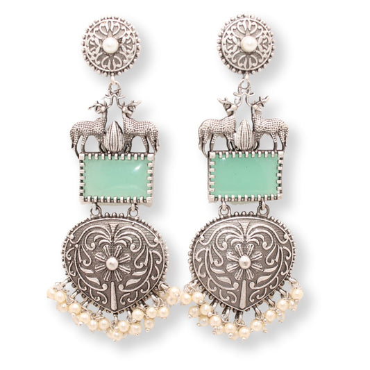DEER PAIR SILVER LOOK ALIKE DANGLER - GREEN