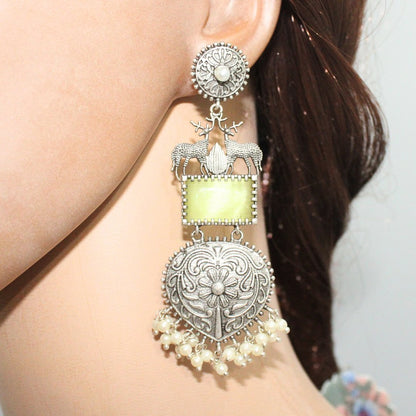 DEER PAIR SILVER LOOK ALIKE DANGLER - GREENISH YELLOW