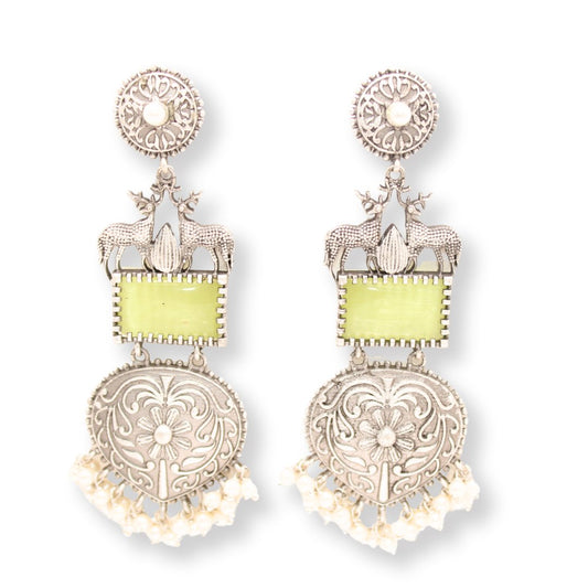 DEER PAIR SILVER LOOK ALIKE DANGLER - GREENISH YELLOW