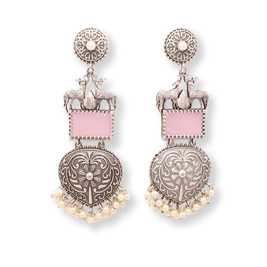 DEER PAIR SILVER LOOK ALIKE DANGLER - PINK