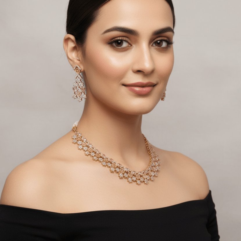 Designer AD Choker Necklace Set with Pink Stones