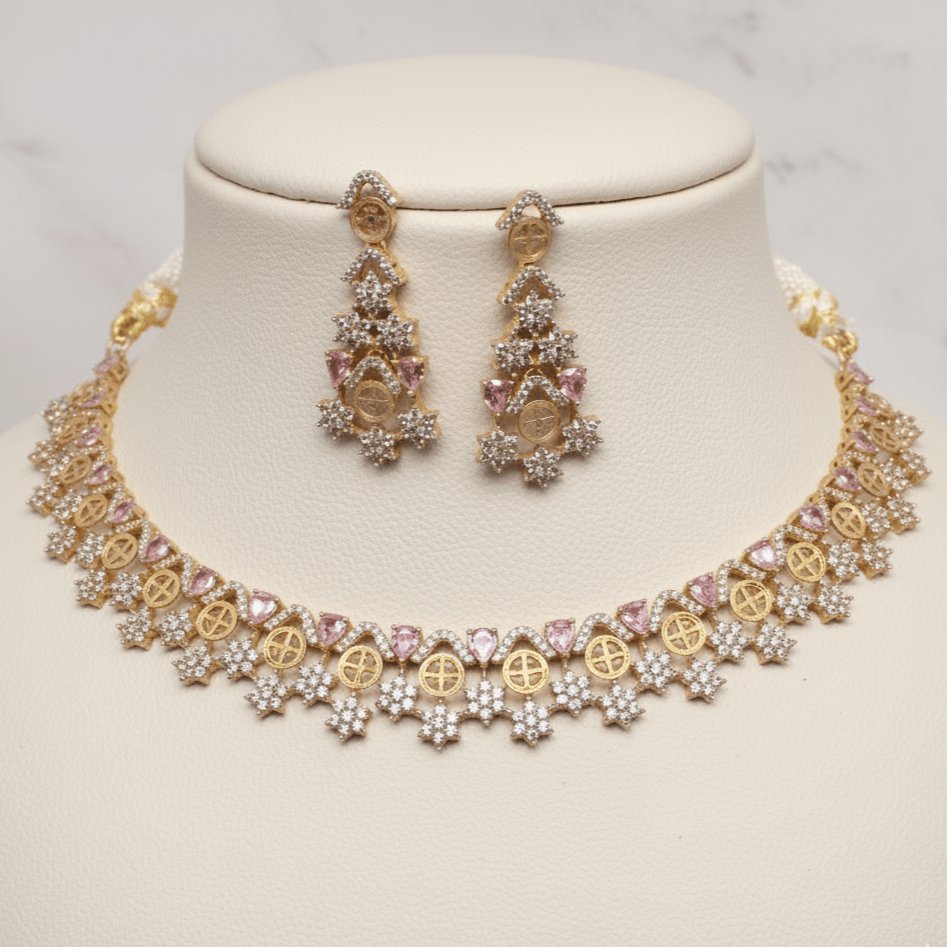 Designer AD Choker Necklace Set with Pink Stones